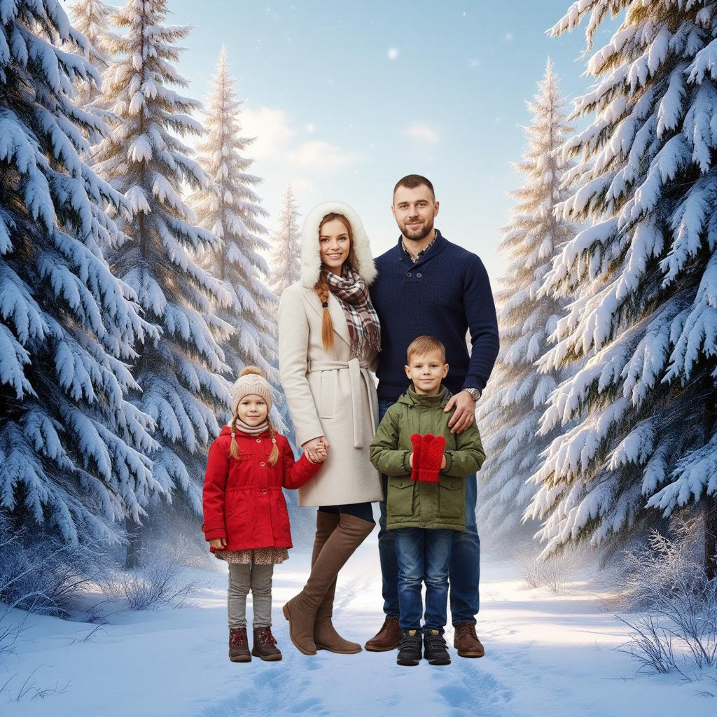 После: Новогоднее фото на фоне зимнего леса